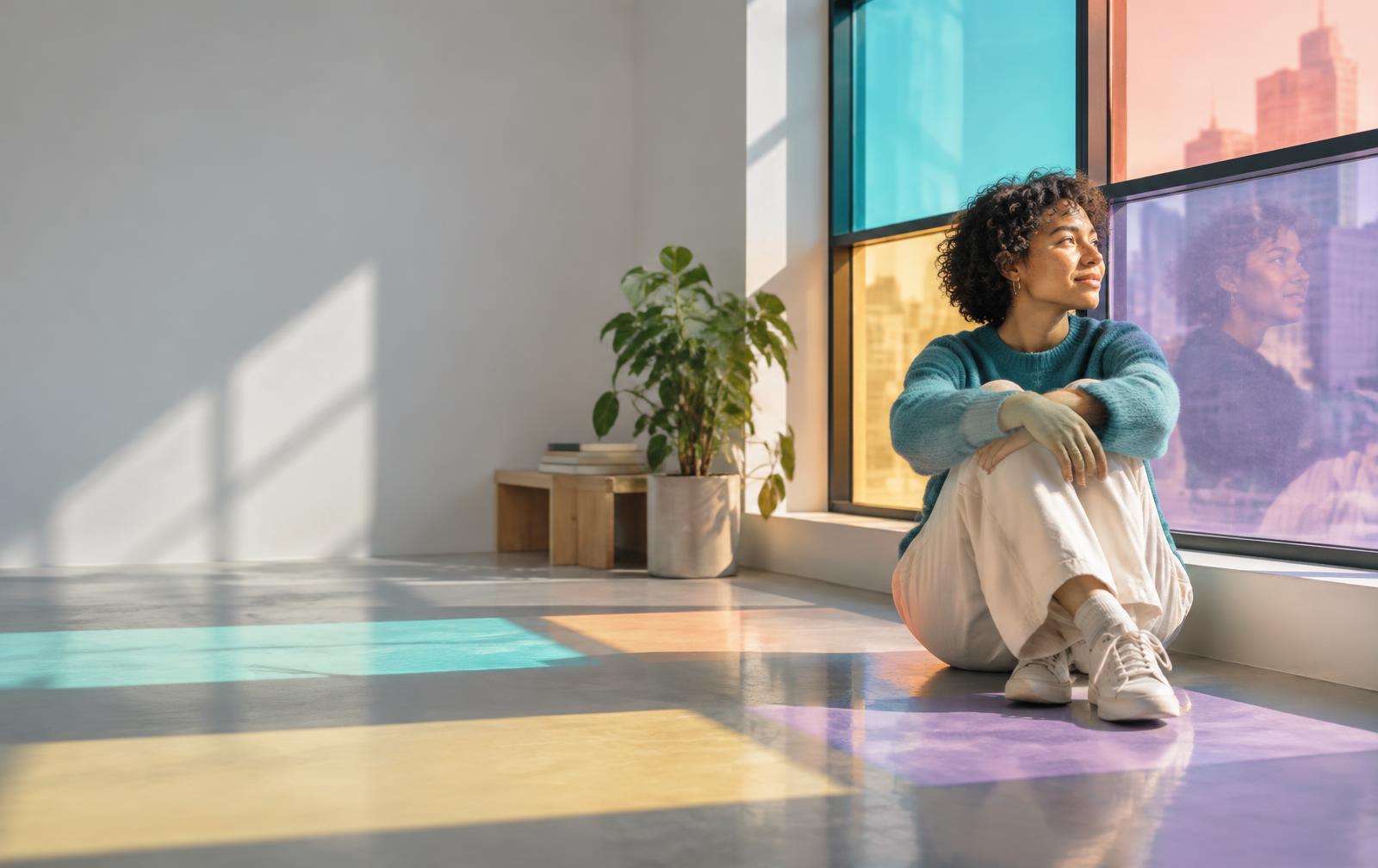 A young person reflecting beside a colourful four-pane window